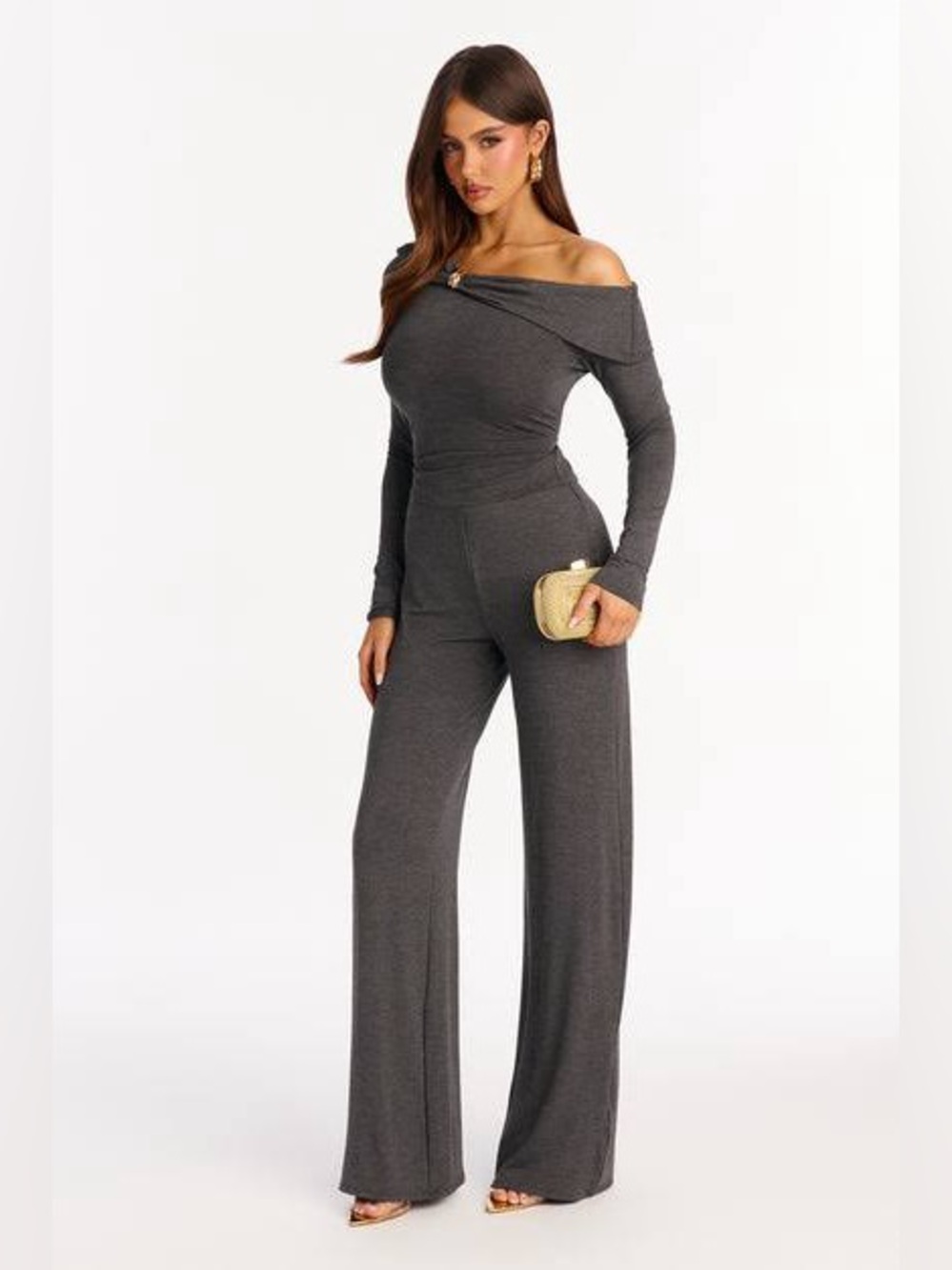 Off-Shoulder Wide-Leg Pant Set in Charcoal Gray